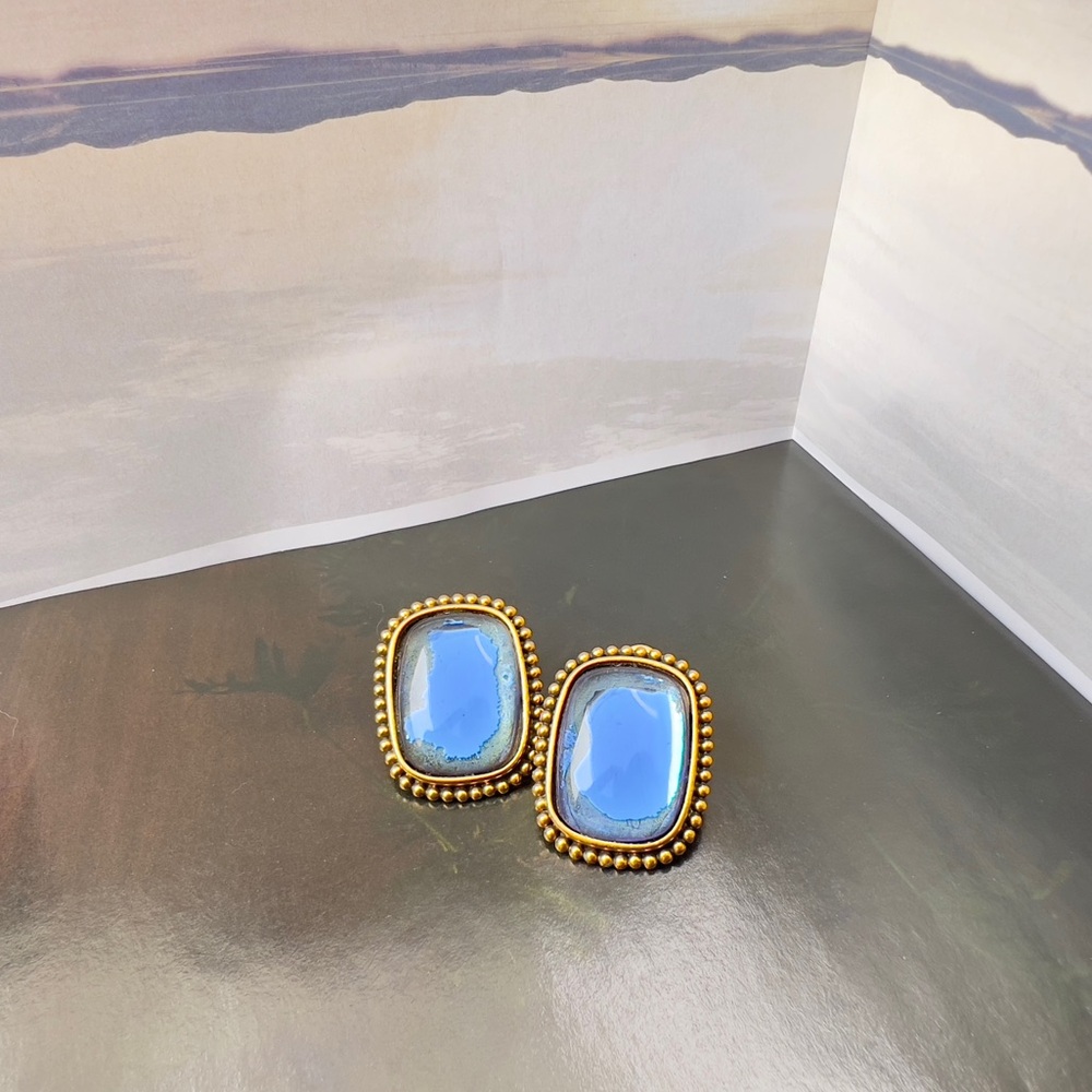 Auth YSL Earrings • Authentic Yves Saint Laurent Blue Cabochon Clip Ons Clips